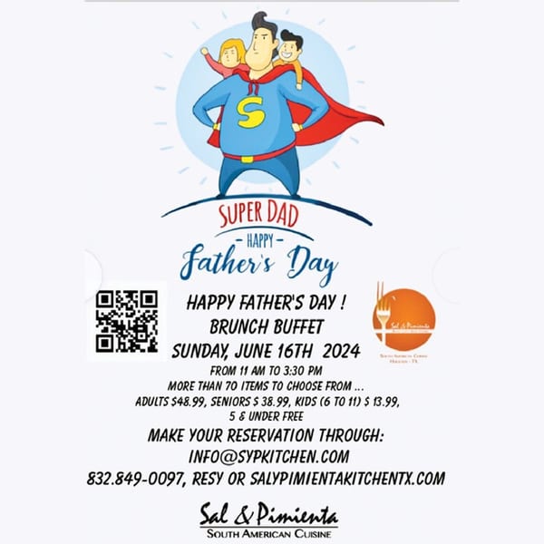 A Father's Day brunch buffet advertisement from Sal y Pimienta, featuring a superhero dad with two children.