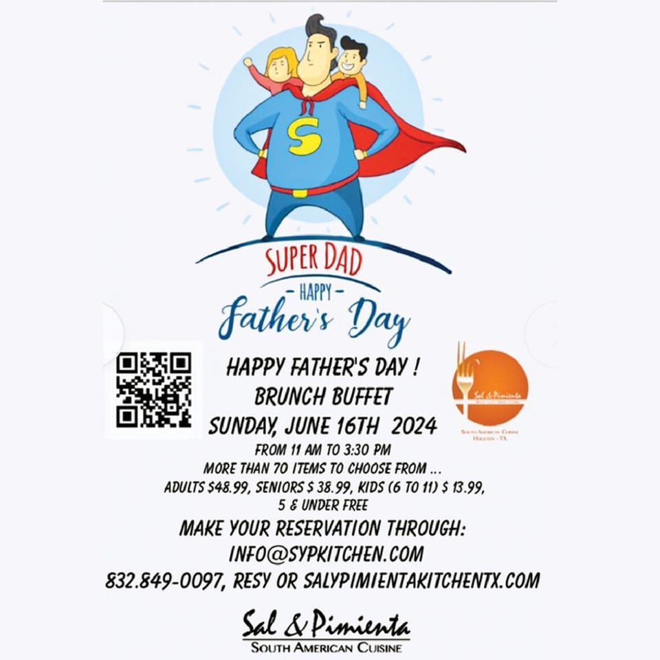 A Father's Day brunch buffet advertisement from Sal y Pimienta, featuring a superhero dad with two children.