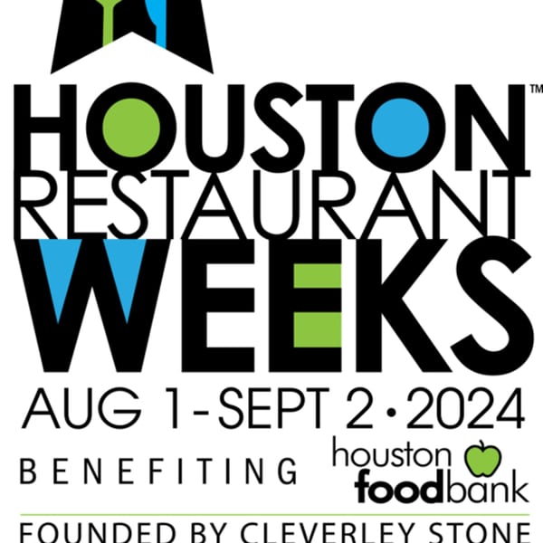 Houston Restaurant Weeks 2024 logo, benefiting Houston Food Bank, with green and blue accents.