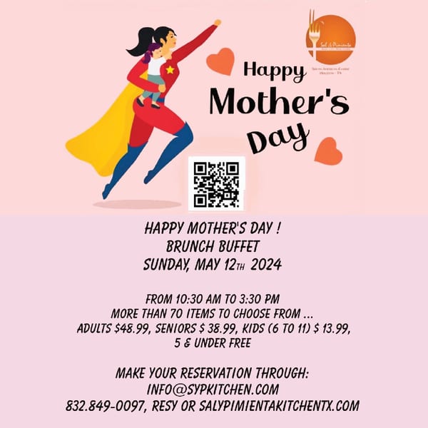 Mother's Day brunch buffet advertisement with a superhero mom holding a child, Sal y Pimienta logo.