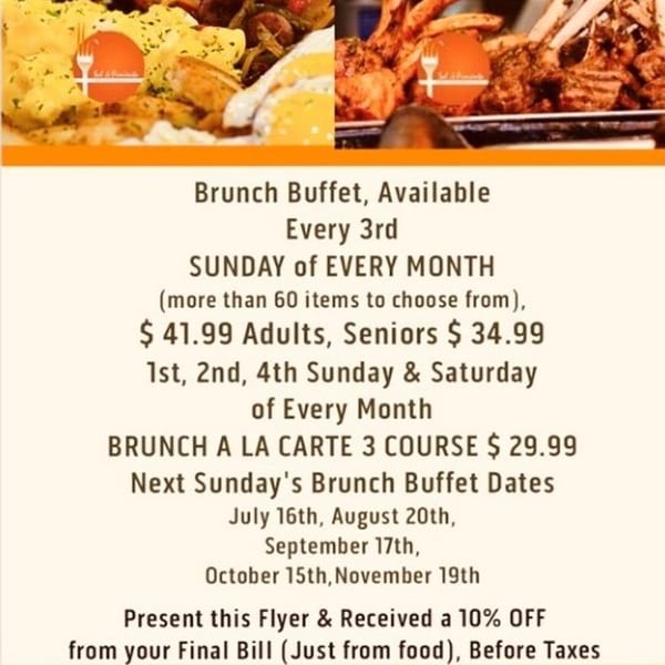 A flyer for Sal y Pimienta Cuisine's brunch buffet, featuring Latin-American dishes like scrambled eggs and grilled meats.