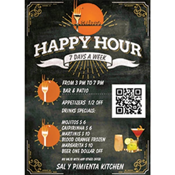 A Sal y Pimienta Kitchen happy hour menu with drink specials and a QR code.