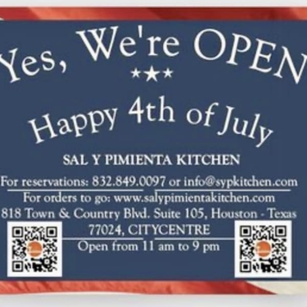 A blue and red banner announcing Sal y Pimienta Kitchen is open for the 4th of July.