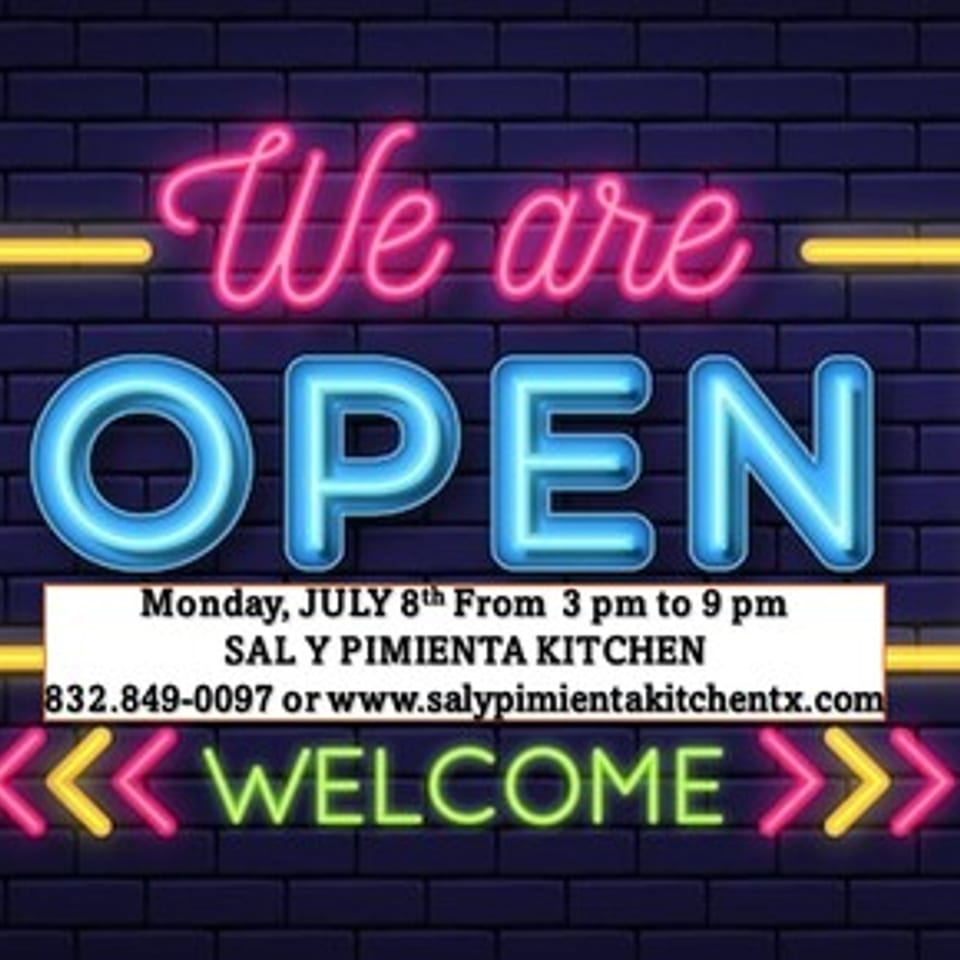 Neon sign on a brick wall reading "We are OPEN" with Sal y Pimienta Kitchen's hours and contact info.